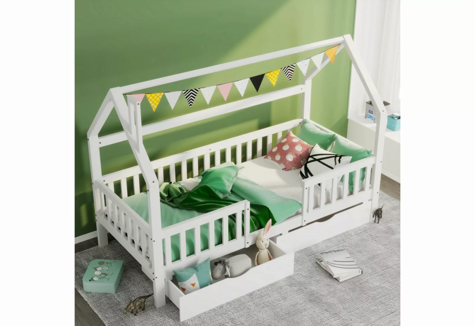 KoDise Kinderbett 90 x 200 Hausbett mit Dach und Zaun, Robuste Lattenroste, günstig online kaufen