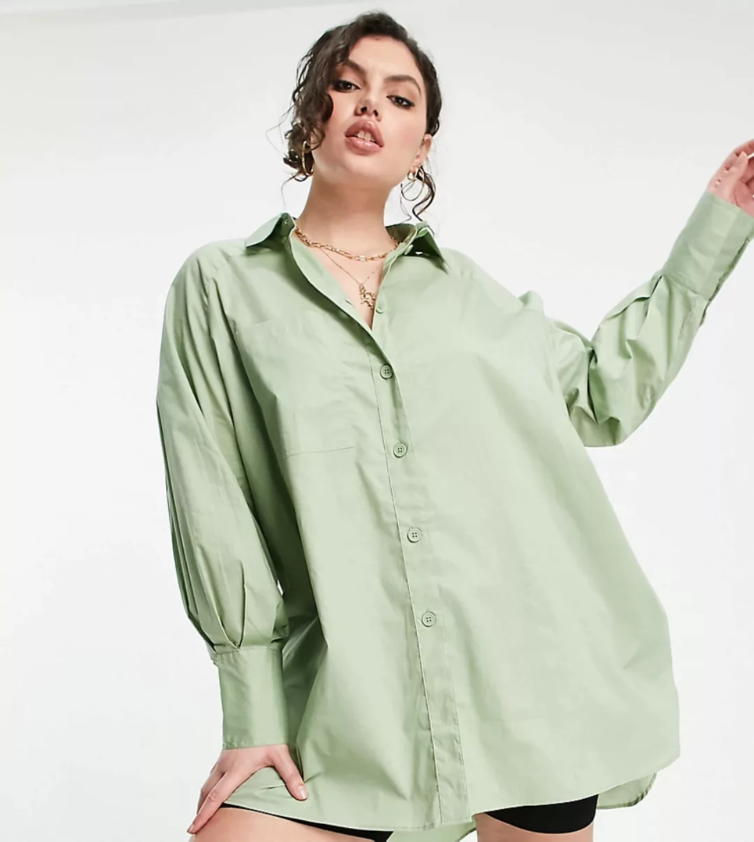 Threadbare – Große Größen – Oversize-Hemdkleid mit Ballonärmeln in sanftem günstig online kaufen