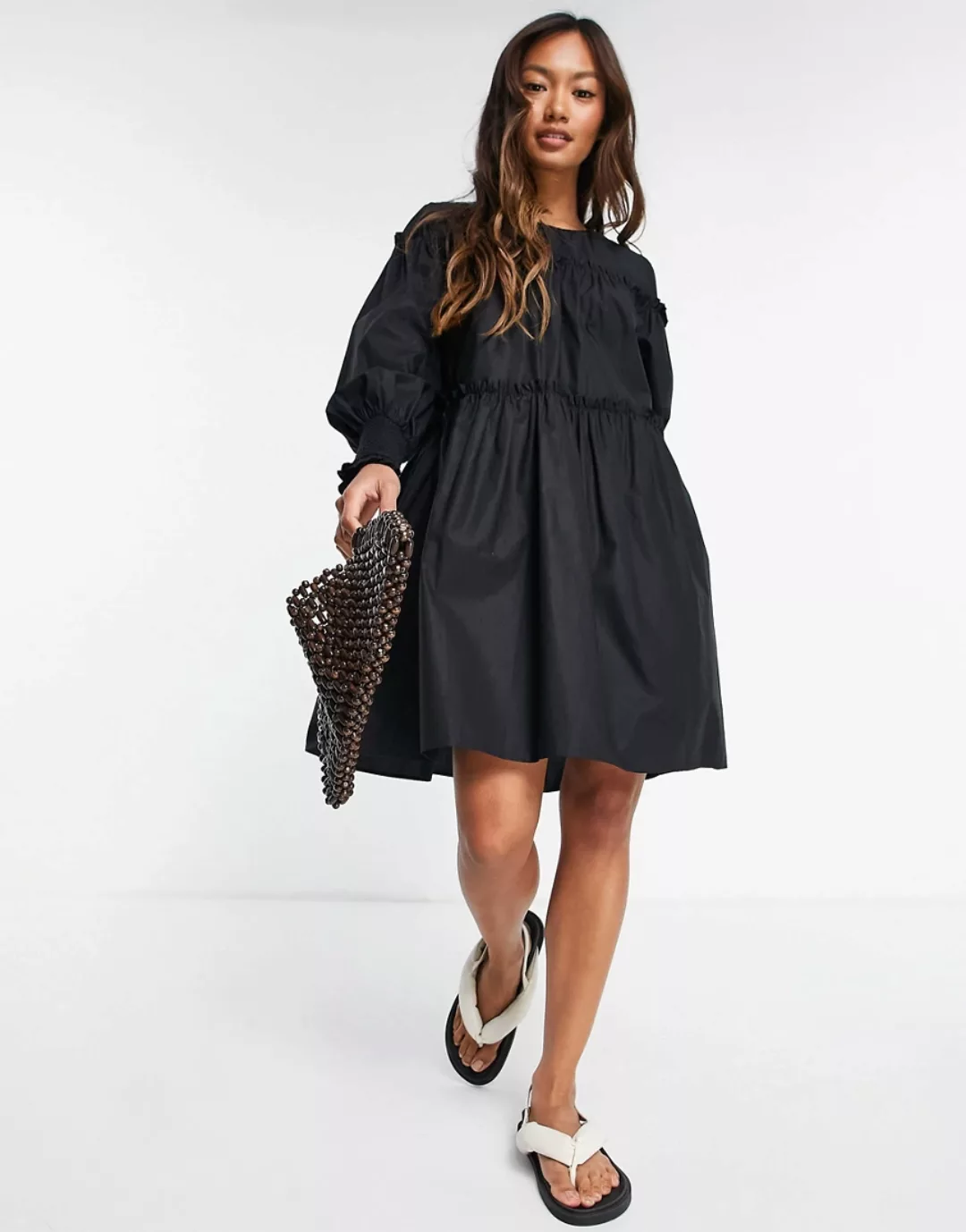 Mango – Popeline-Kleid in Schwarz mit Puffärmeln günstig online kaufen
