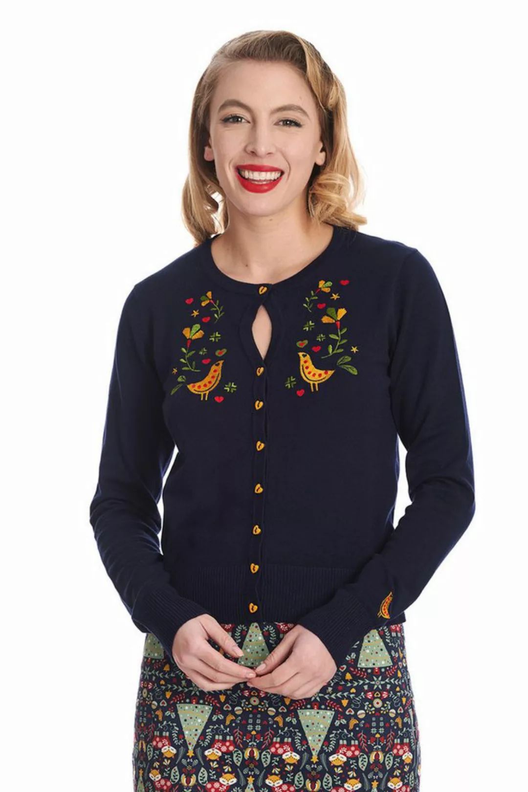 Banned Strickjacke Heritage Birdy Cardigan Blau Rockabilly Vintage Cardigan günstig online kaufen