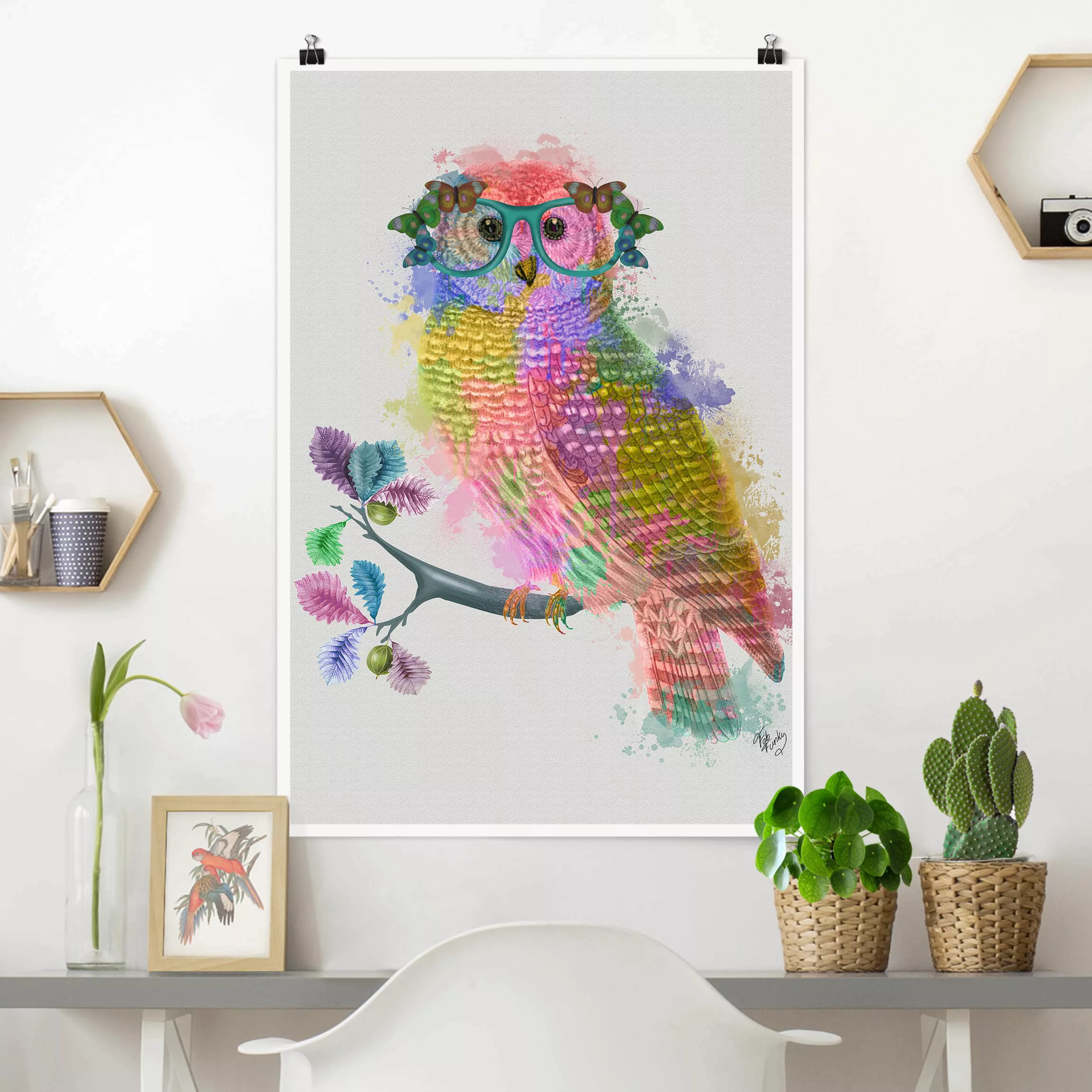 Poster Kinderzimmer - Hochformat Regenbogen Splash Eule günstig online kaufen