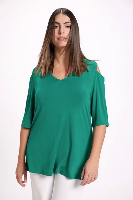 Ulla Popken Rundhalsshirt T-Shirt Schulterausschnitte V-Ausschnitt Halbarm günstig online kaufen