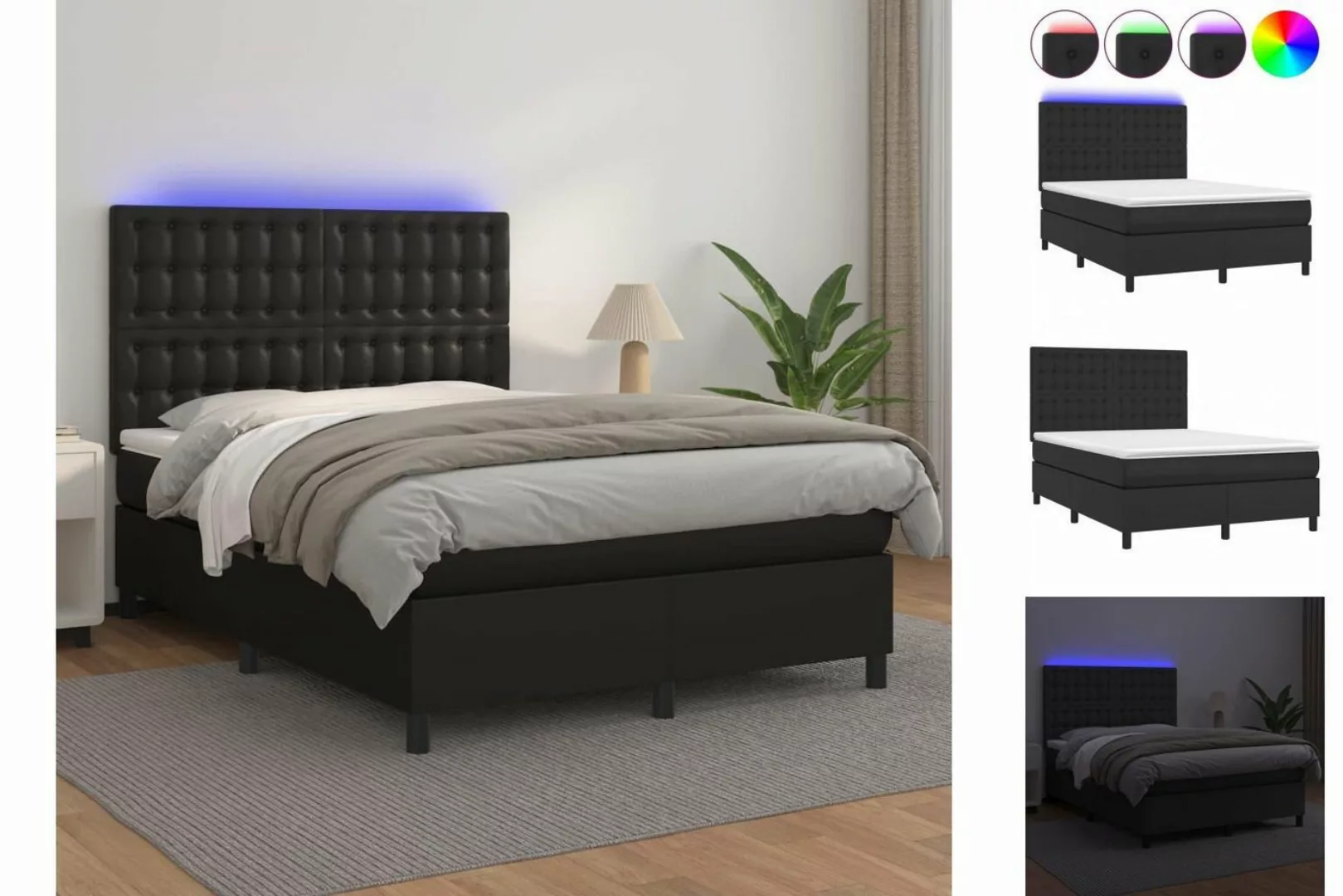vidaXL Bettgestell Boxspringbett mit Matratze LED Schwarz 140x200 cm Kunstl günstig online kaufen