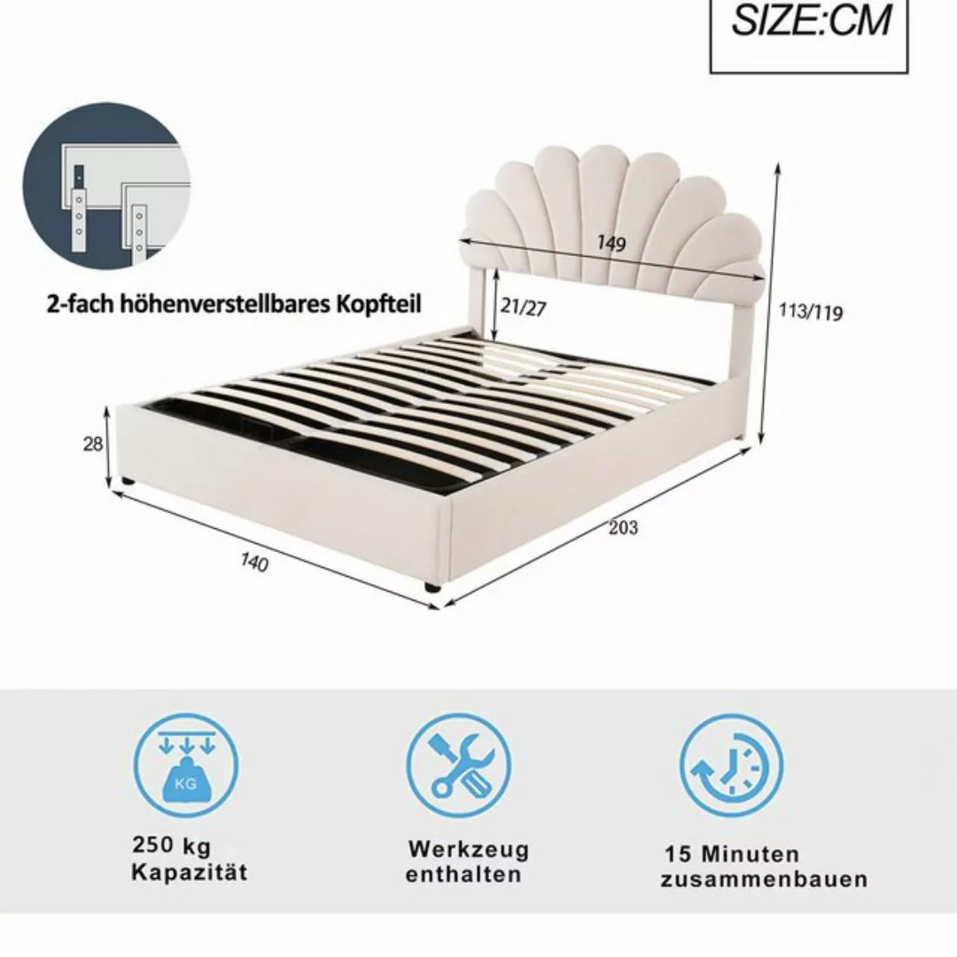 Flieks Polsterbett, hydraulisches Doppelbett Blumenform-Kopfteil Samt 140x2 günstig online kaufen