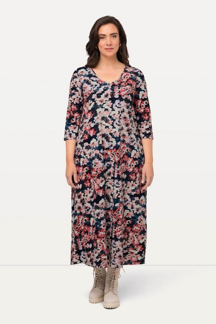 Ulla Popken Jerseykleid Midikleid Blumen A-Linie V-Ausschnitt Halbarm günstig online kaufen