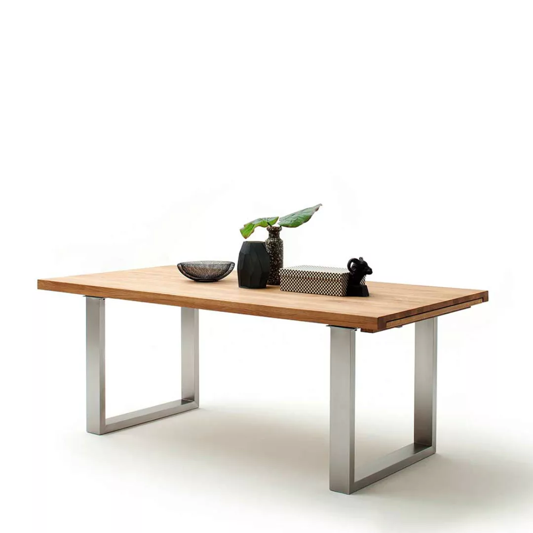 Holztisch aus Wildeiche Massivholz Bügelgestell aus Edelstahl günstig online kaufen