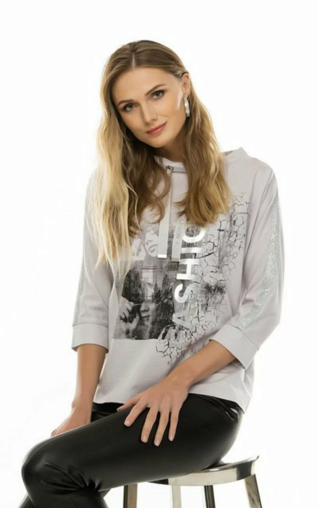 Passioni Sweatshirt in grau mit Print und Glitzerdetails sowie 3/4 Ärmeln günstig online kaufen