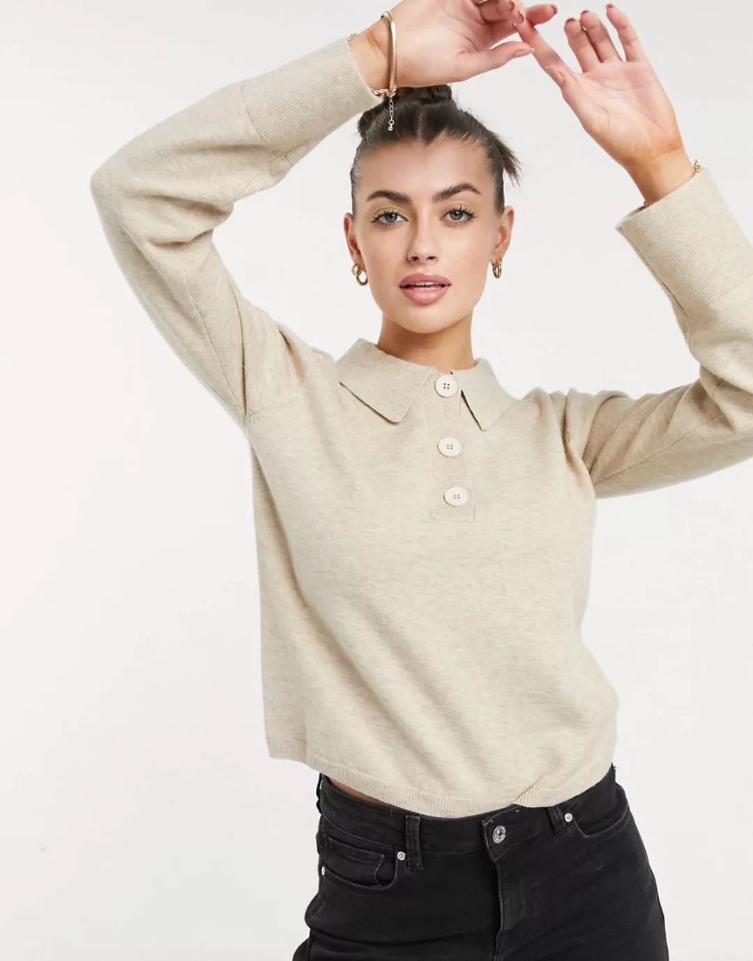 ASOS DESIGN – Pullover mit Kragen und Knopfleiste in Haferbeige-Gelb günstig online kaufen