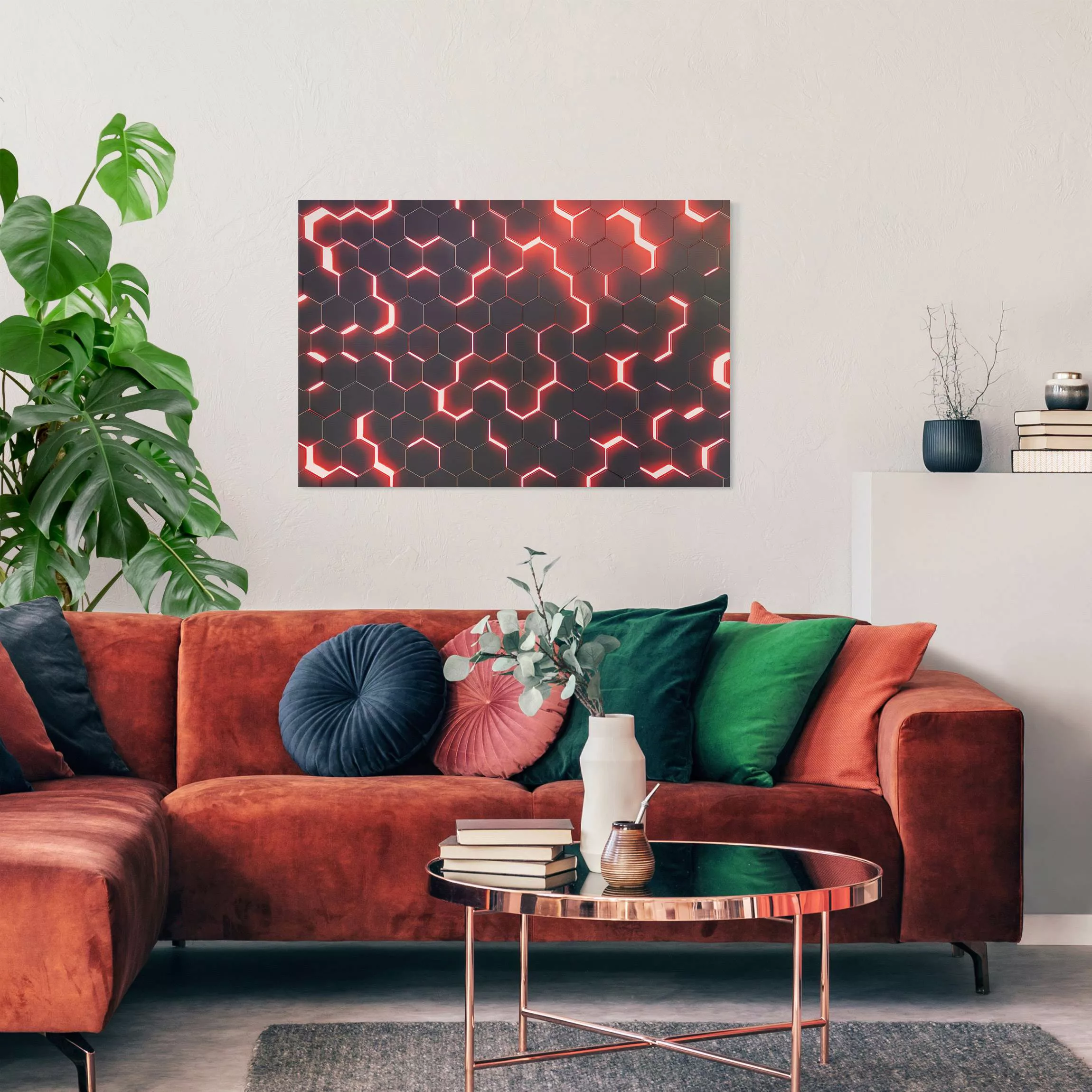 Leinwandbild Strukturierte Hexagone mit Neonlicht in Rot günstig online kaufen