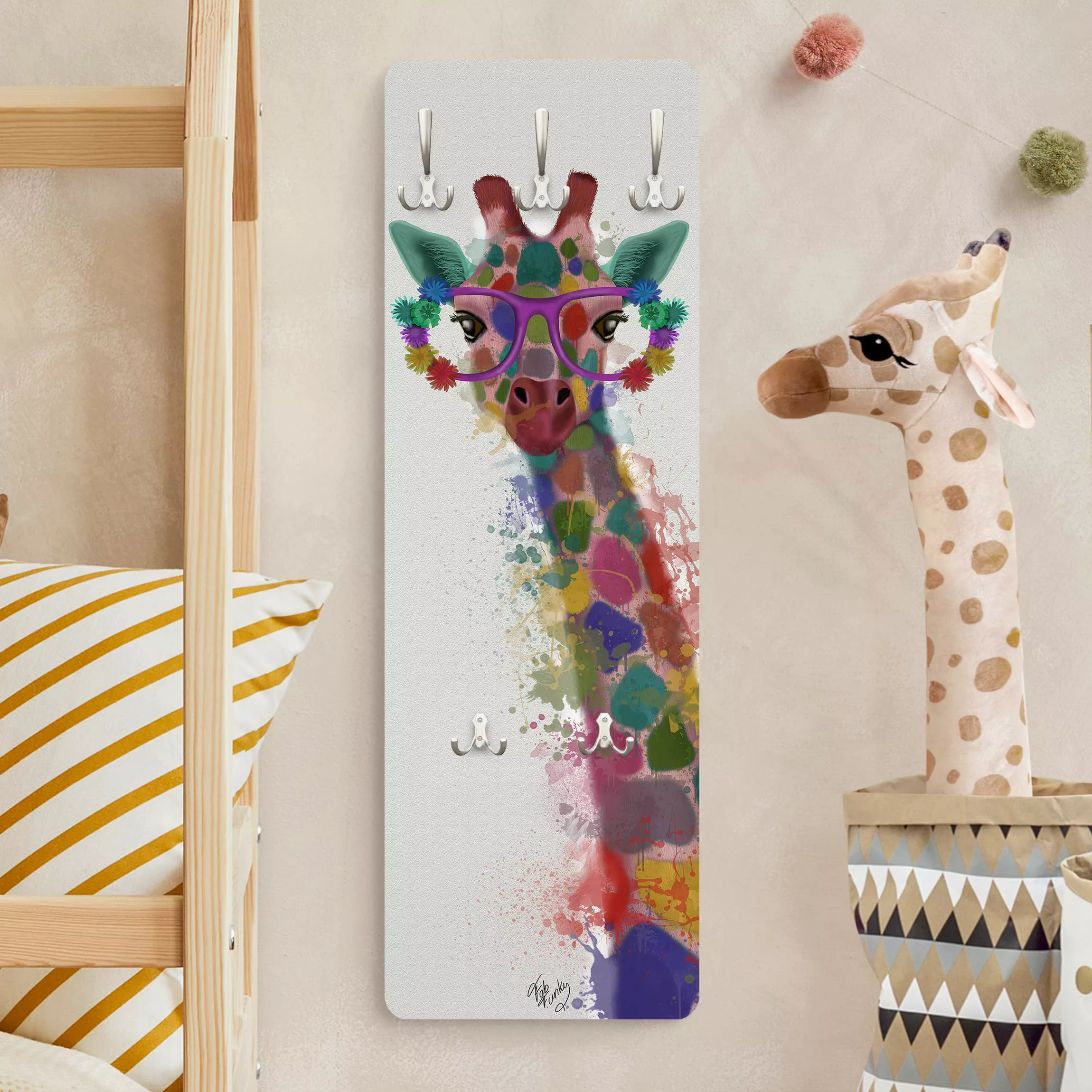 Wandgarderobe Holzpaneel Kinderzimmer Regenbogen Splash Giraffe günstig online kaufen