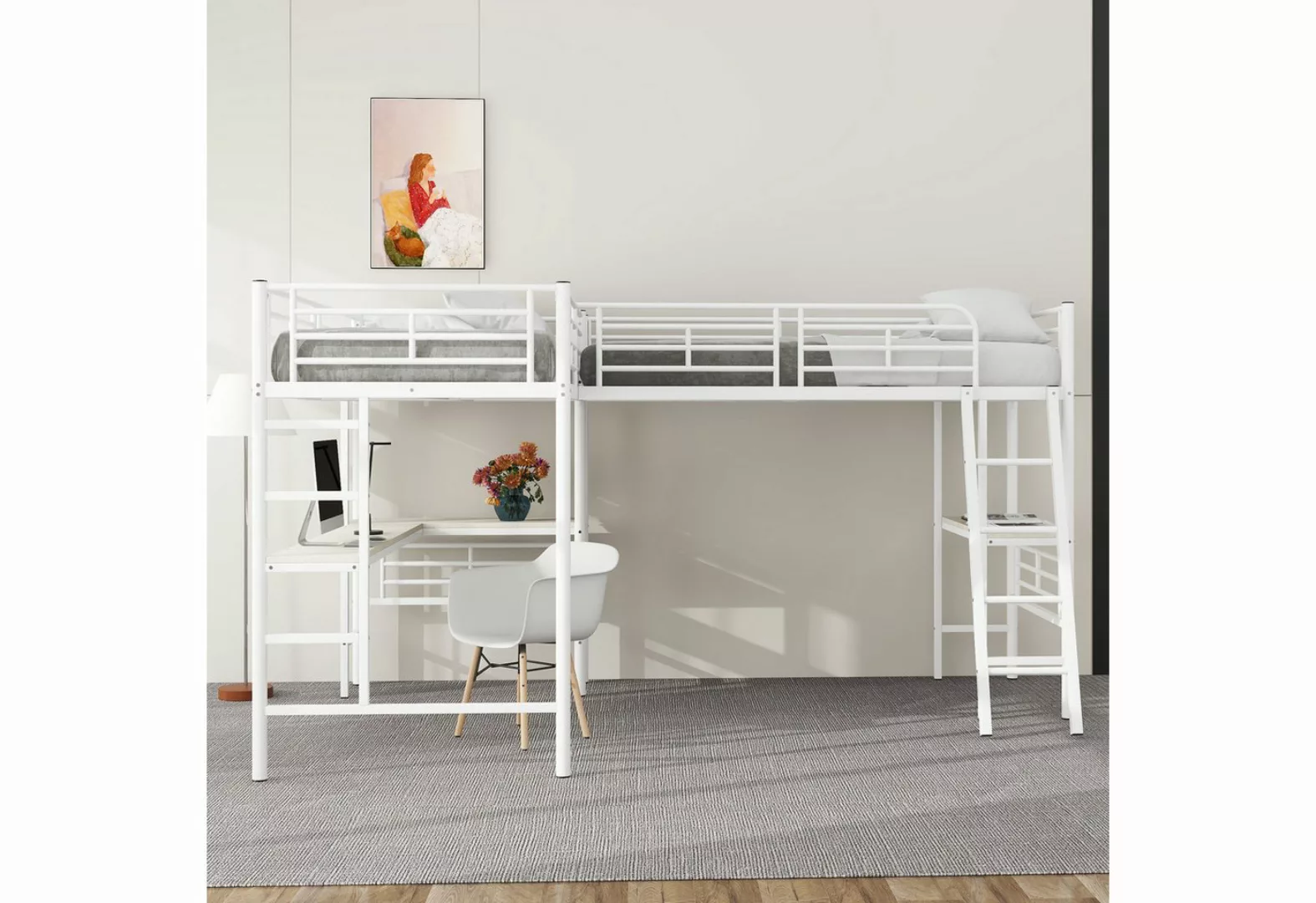 OKWISH Hochbett Metallbett, zwei Etagenbetten (Tisch unter dem Bett, Doppel günstig online kaufen