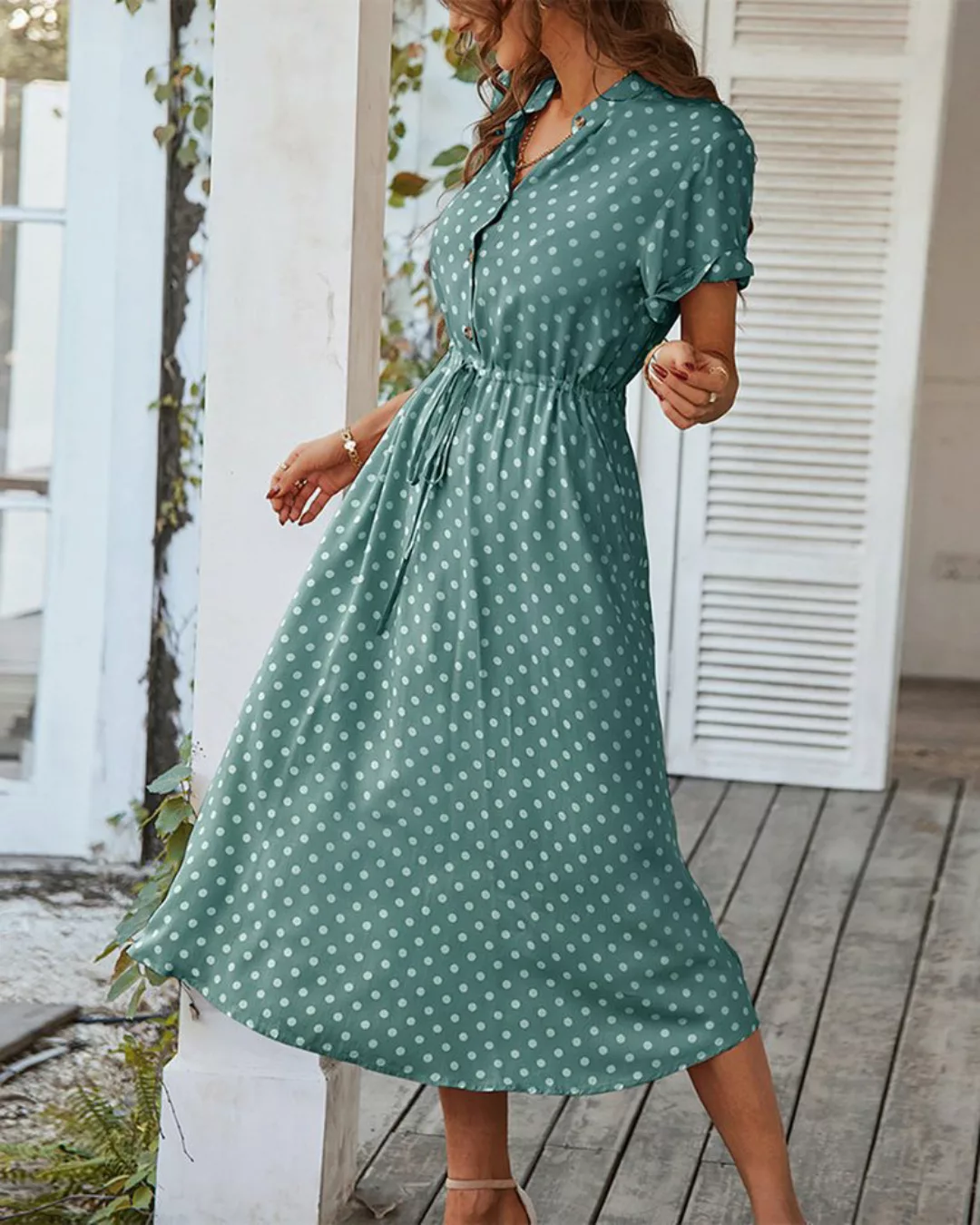 BlauWave Midikleid Elegantes Kleid Polka Dot Hohe Taille Revers Kurzarm Som günstig online kaufen