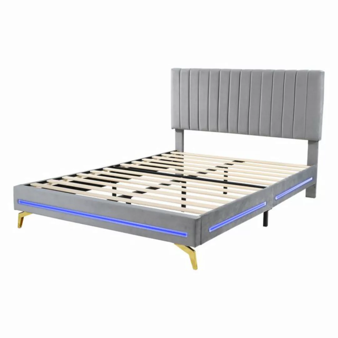 Rutaqian Polsterbett Doppelbett 140 x 200 cm Bettgestell Holzbett mit LED, günstig online kaufen