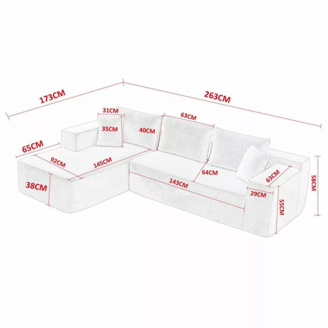 OKWISH Ecksofa L-Form Ecksofa, Ecksofa mit 5 losen Rückenkissen, Komprimier günstig online kaufen