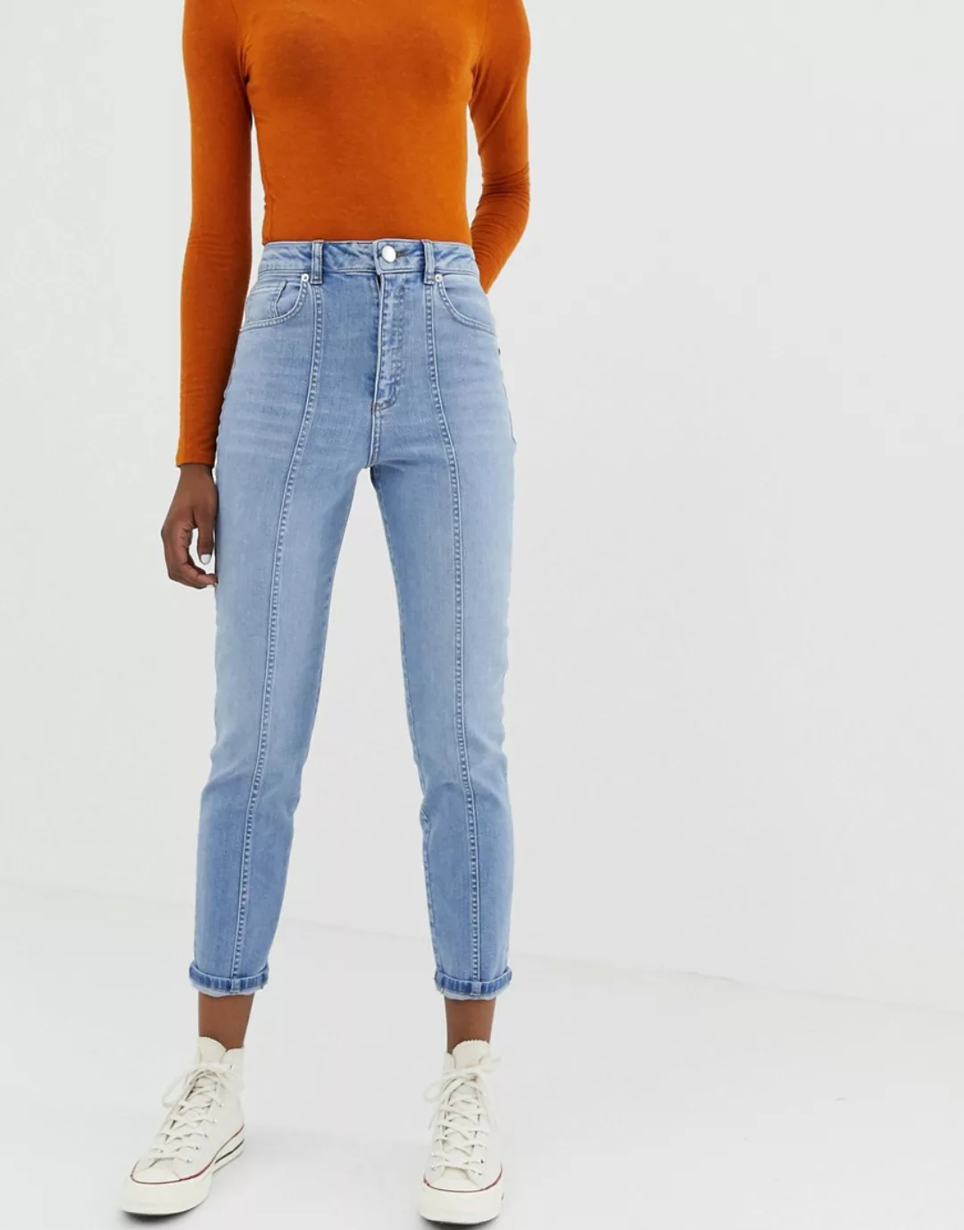ASOS DESIGN – Farleigh – Schmale Mom-Jeans mit hohem Bund und vertikalen Nä günstig online kaufen