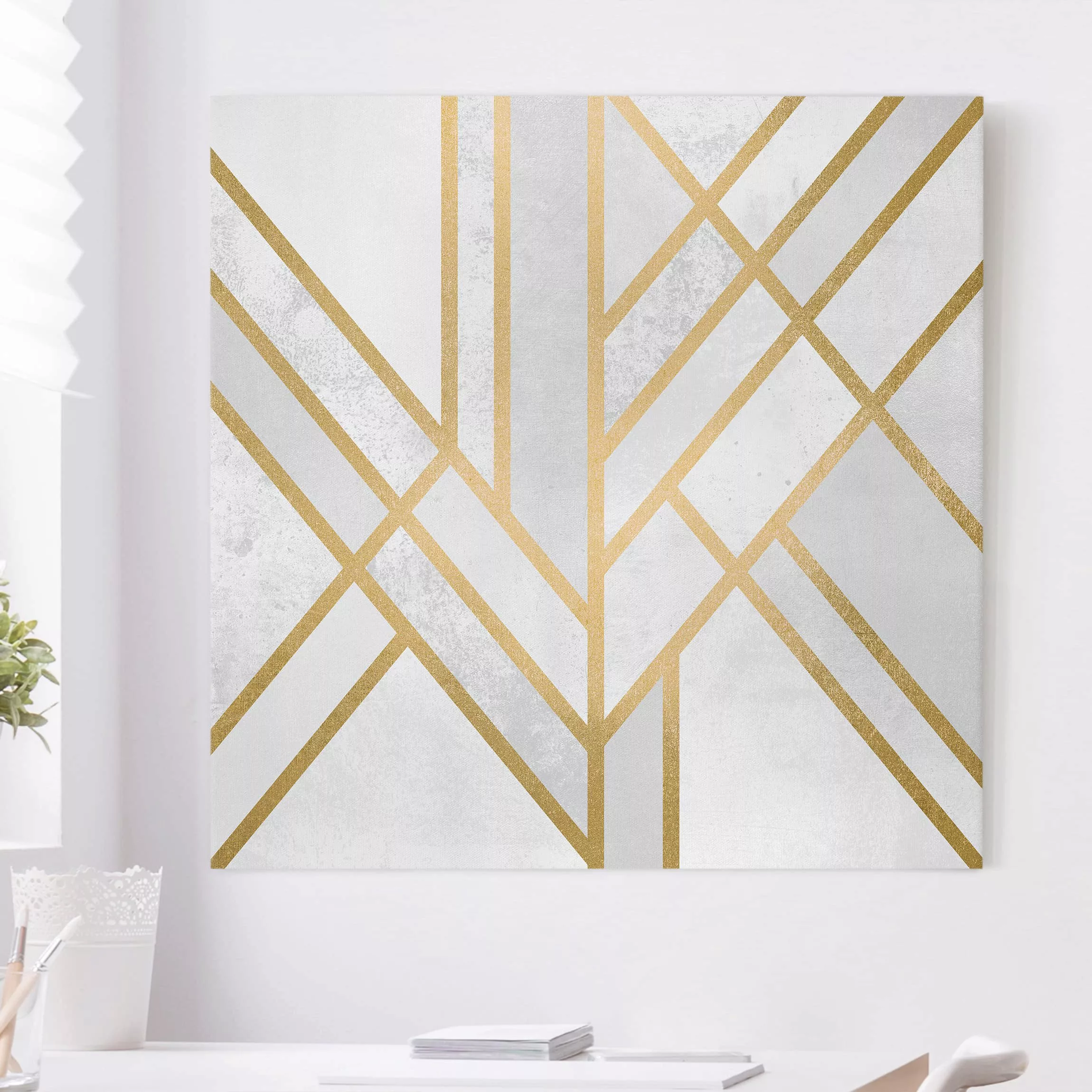 Leinwandbild Abstrakt - Quadrat Art Deco Geometrie Weiß Gold günstig online kaufen