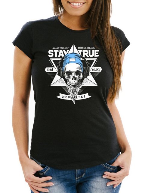 Neverless Print-Shirt Damen T-Shirt Totenkopf Kopfhörer Stay True Hipster S günstig online kaufen