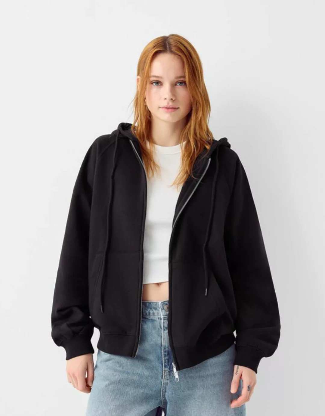 Bershka Sweatshirt Mit Reißverschluss Und Kapuze Damen M Schwarz günstig online kaufen