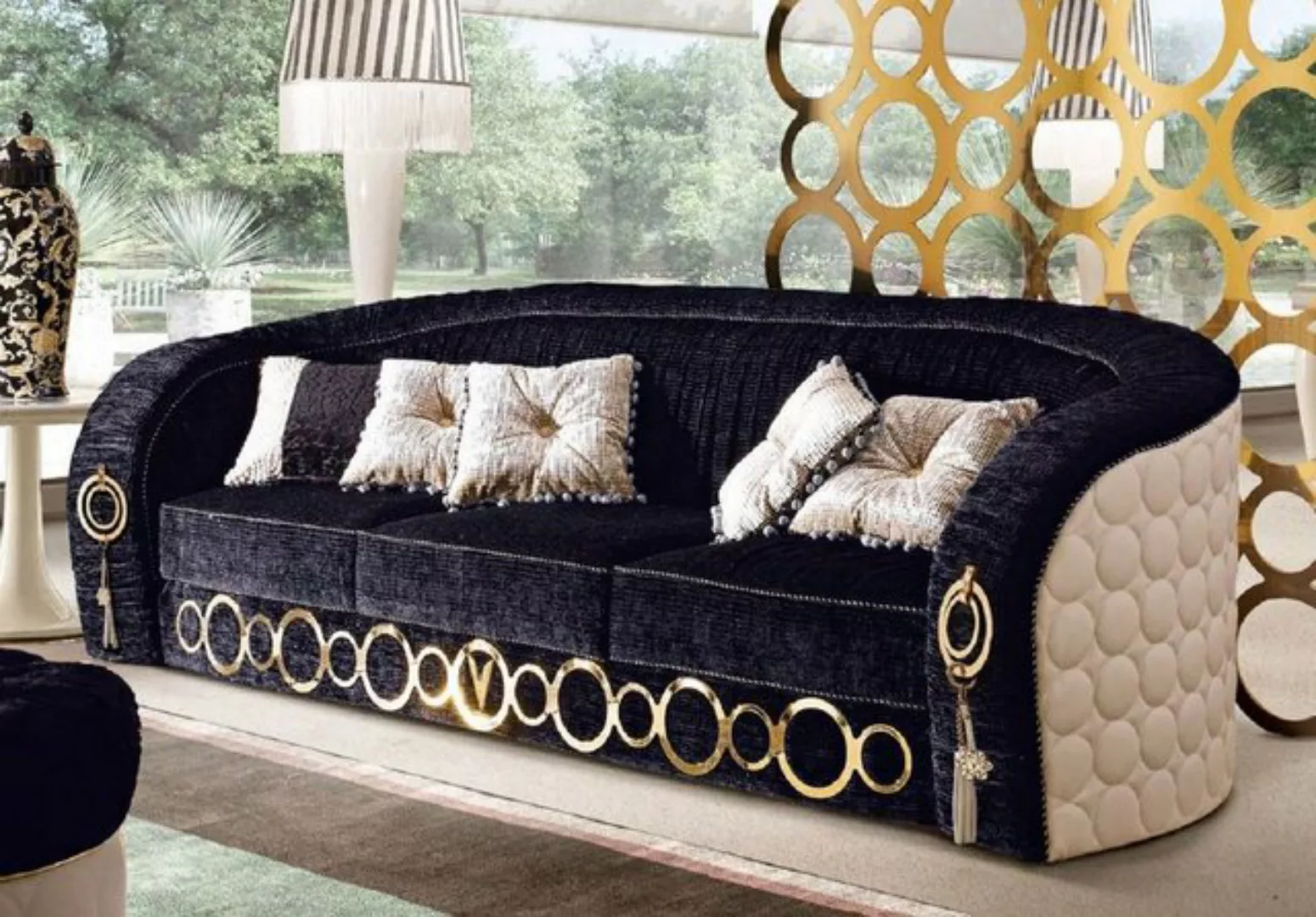Casa Padrino Sofa Luxus Sofa mit Metall Ornamenten Schwarz / Beige / Gold 2 günstig online kaufen