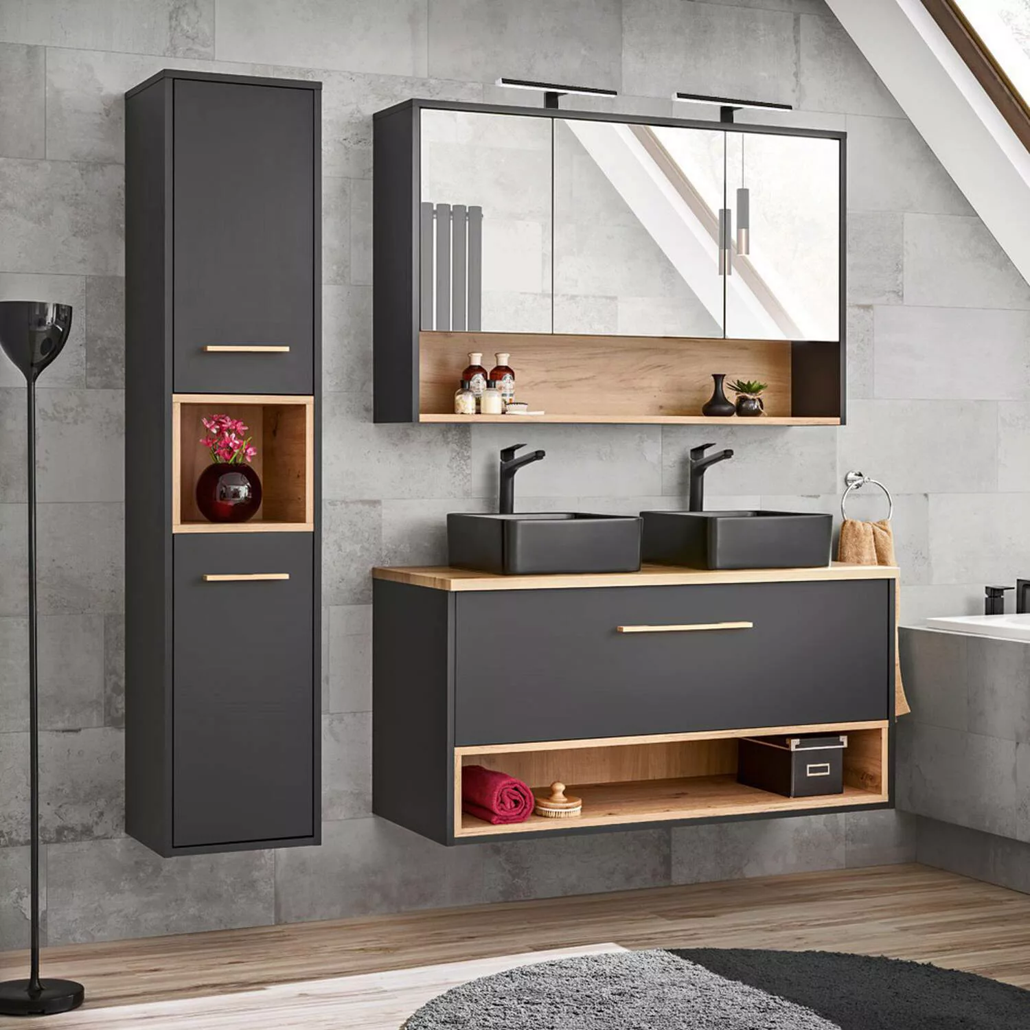 Badmöbel Set mit Doppelwaschtisch und Spiegelschrank BOLOGNA-56 in anthrazi günstig online kaufen