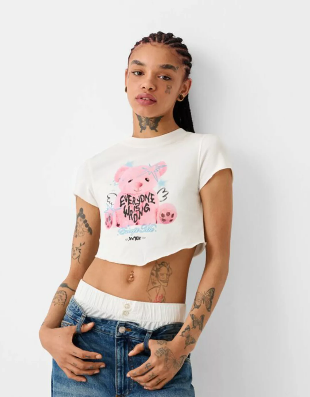 Bershka T-Shirt Mit Print Damen S Rohweiß günstig online kaufen