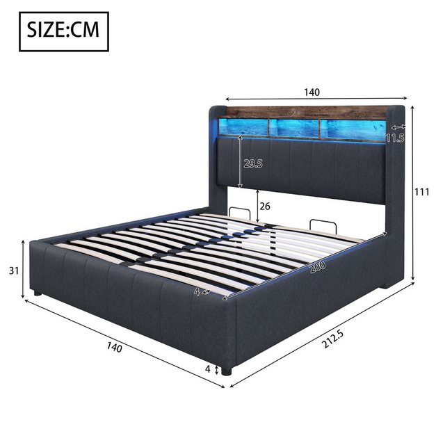 Flieks Polsterbett, LED hydraulisches Doppelbett 140x200cm mit USB-Aufladen günstig online kaufen