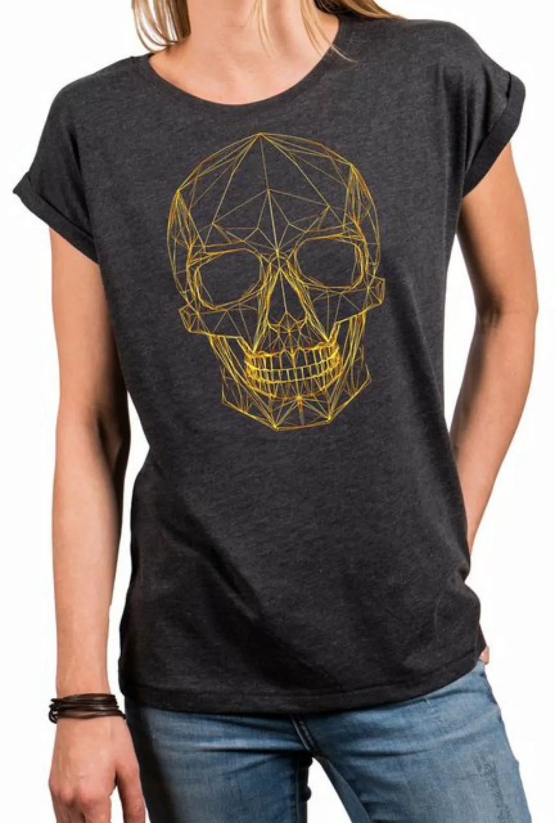 MAKAYA Print-Shirt Totenkopf Damen Tunika Glitzer Outline Elegant Strass Ef günstig online kaufen