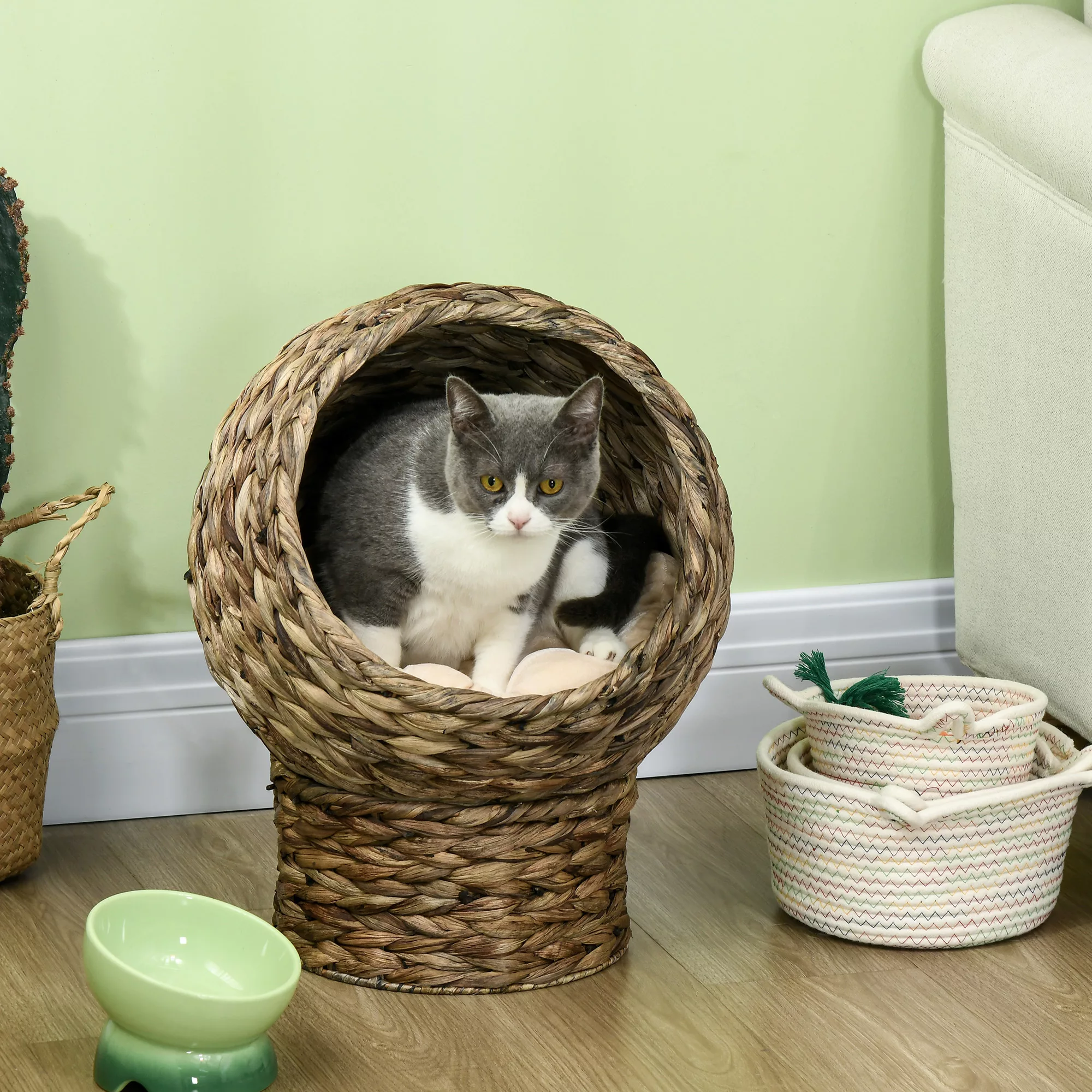 PawHut Rattan Katzenkorb  Kuschelige Katzenhöhle mit Kissen, Haustierbett a günstig online kaufen