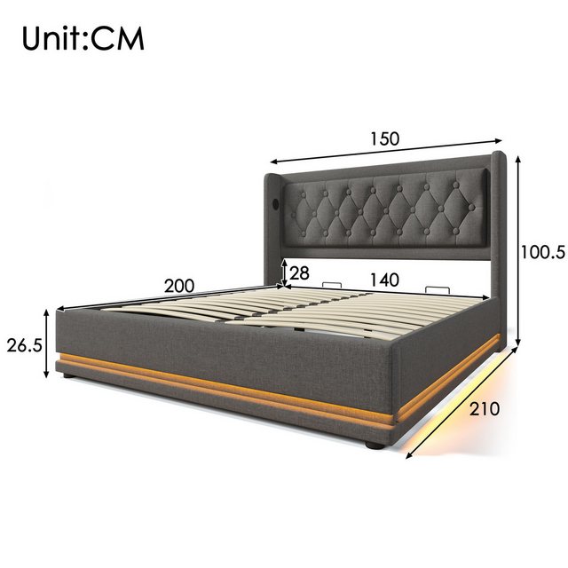 Flieks Polsterbett, LED Hydraulisches Stauraumbett Doppelbett 140x200cm mit günstig online kaufen