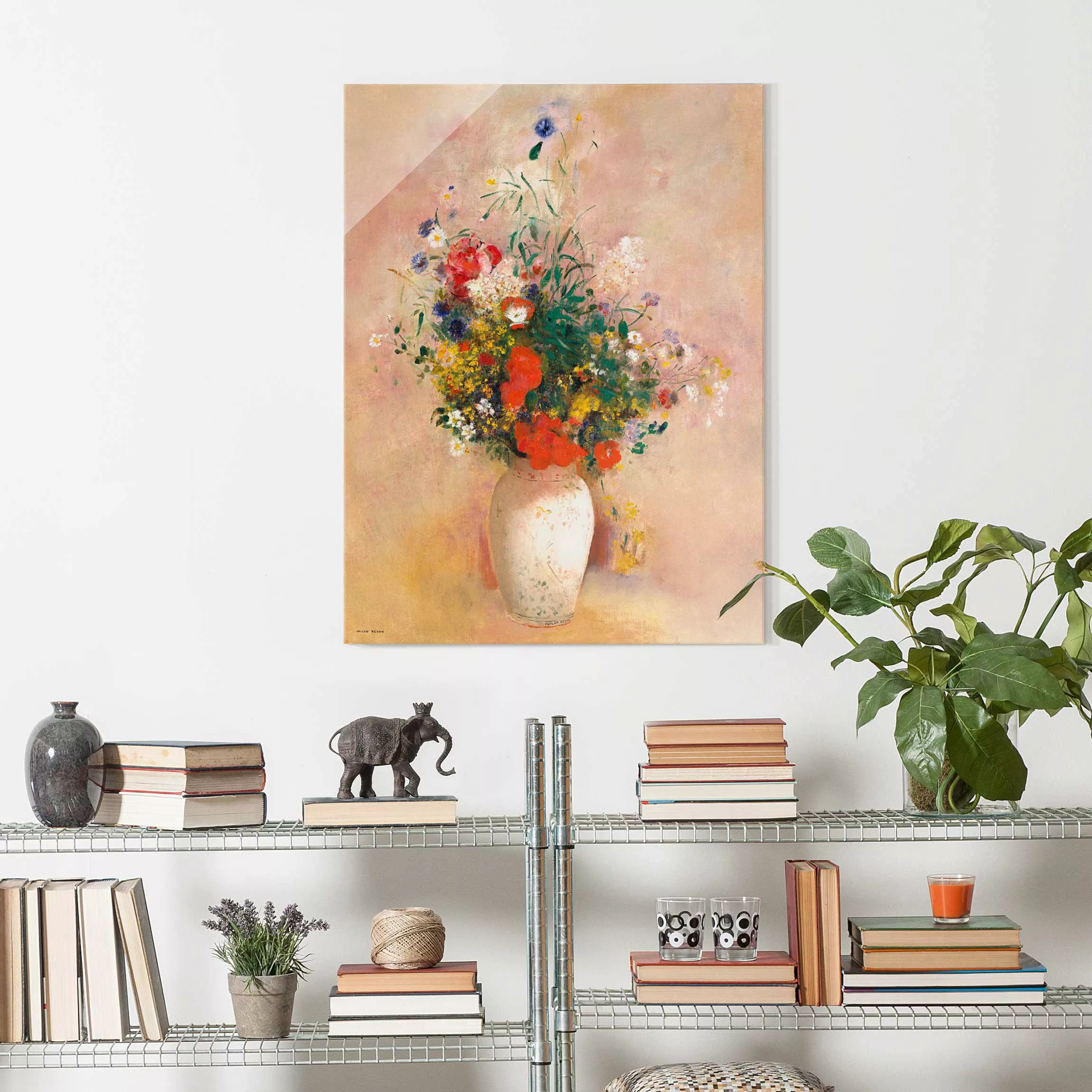 Glasbild - Hochformat Odilon Redon - Vase mit Blumen (rosenfarbener Hinterg günstig online kaufen