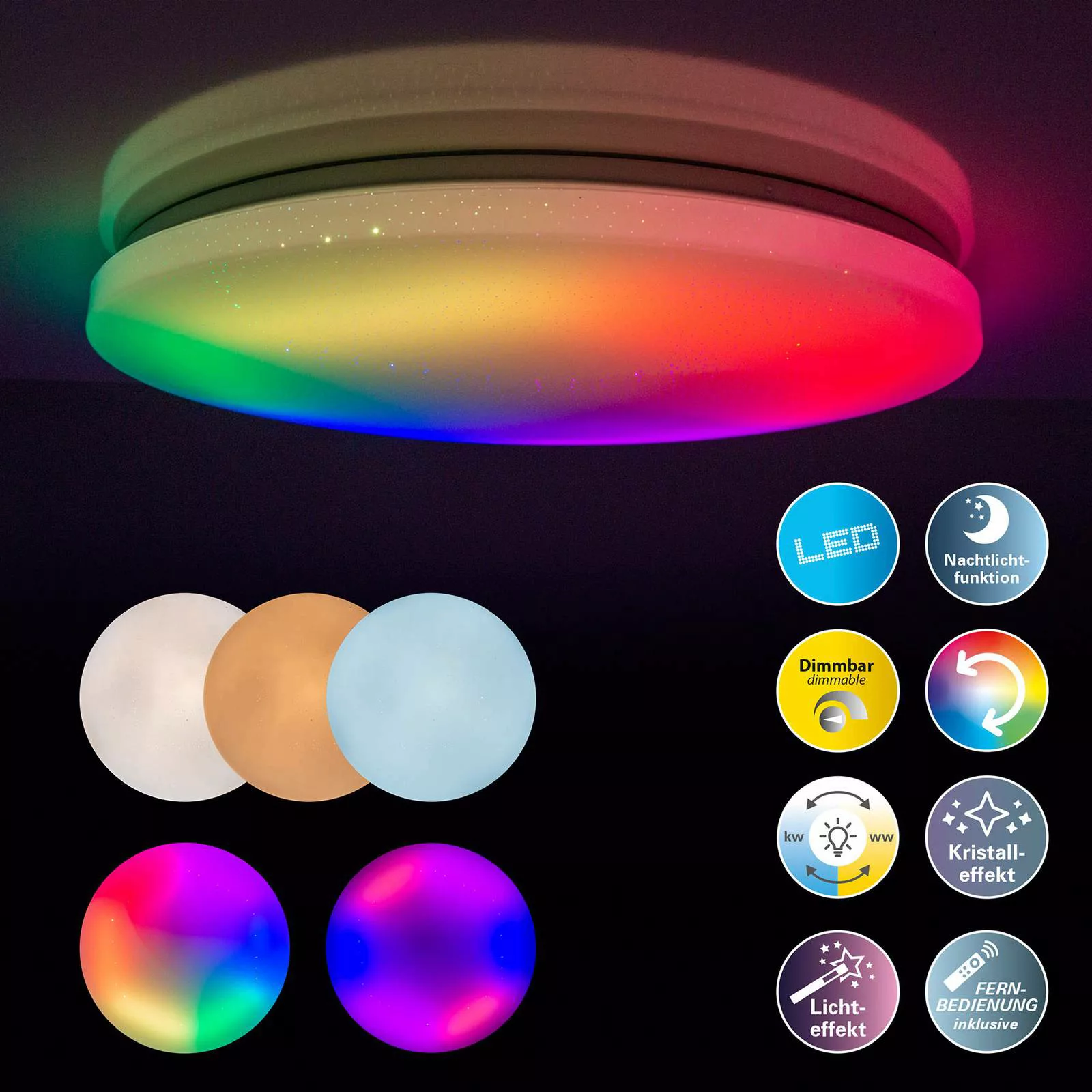 LED-Deckenlampe Rainbow, dimmbar, RGBW, Nachtlicht günstig online kaufen