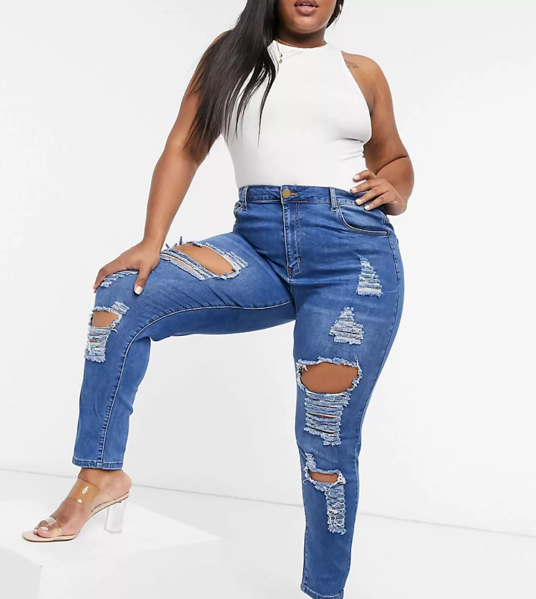 Yours – Jeans mit engem Schnitt und auffälligen Zierrissen in mittelblauer günstig online kaufen
