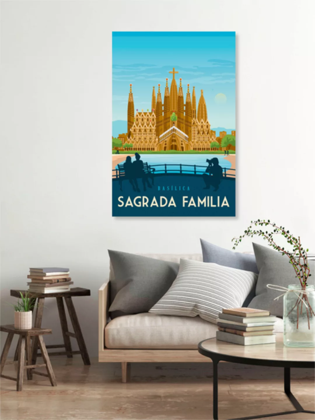 Poster / Leinwandbild - Sagrada Familia Barcelona Vintage Travel Wandbild günstig online kaufen