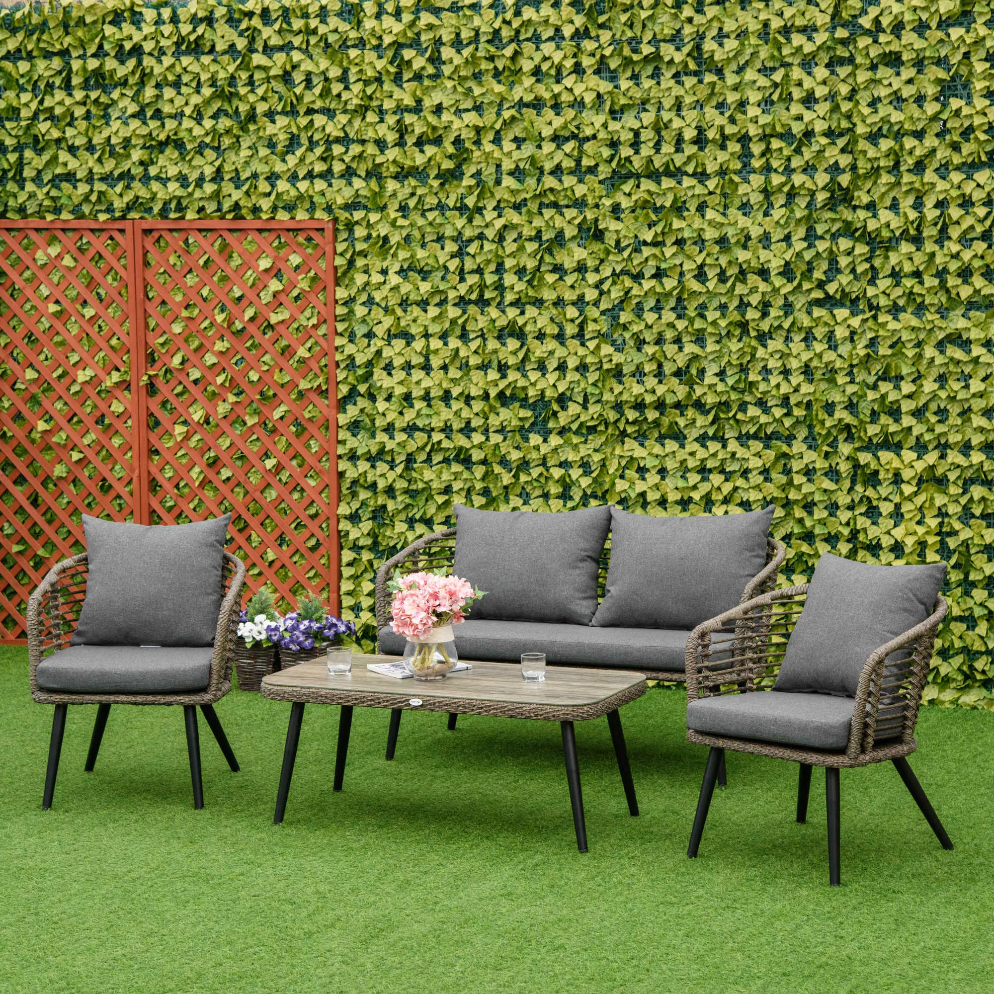 Outsunny Polyrattan Gartenmöbel Set für 4 Personen Rattensofa-Set mit Teeti günstig online kaufen