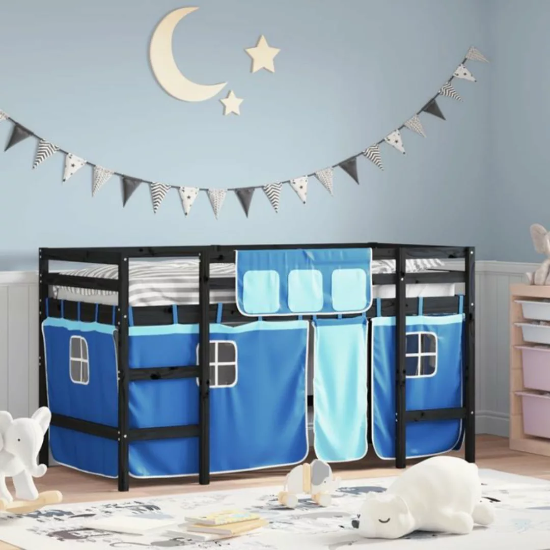 vidaXL Kinderbett Kinderhochbett mit Vorhängen Blau 80x200 cm Massivholz Ki günstig online kaufen