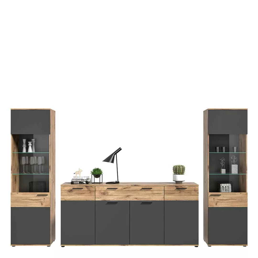 Design Wohnwand in Wildeichefarben und Grau 200 cm hoch (dreiteilig) günstig online kaufen