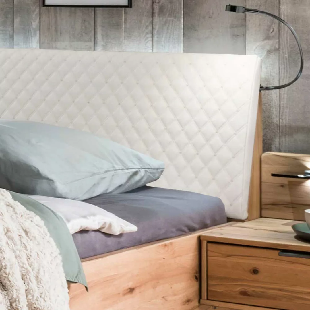 Großes Bett aus Kernbuche Massivholz Kunstleder in Beige (dreiteilig) günstig online kaufen