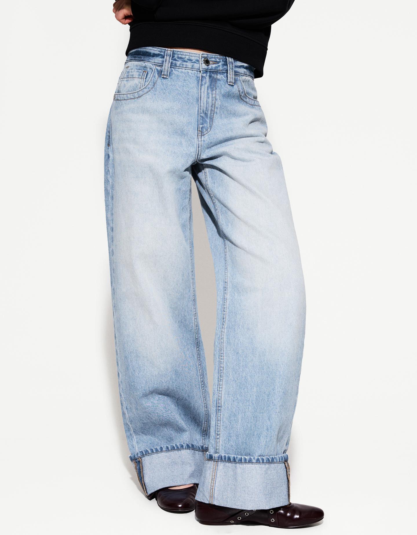 Bershka Wide-Leg-90'S-Jeans Mit Umgeschlagenem Saum Damen 36 Hellblau günstig online kaufen