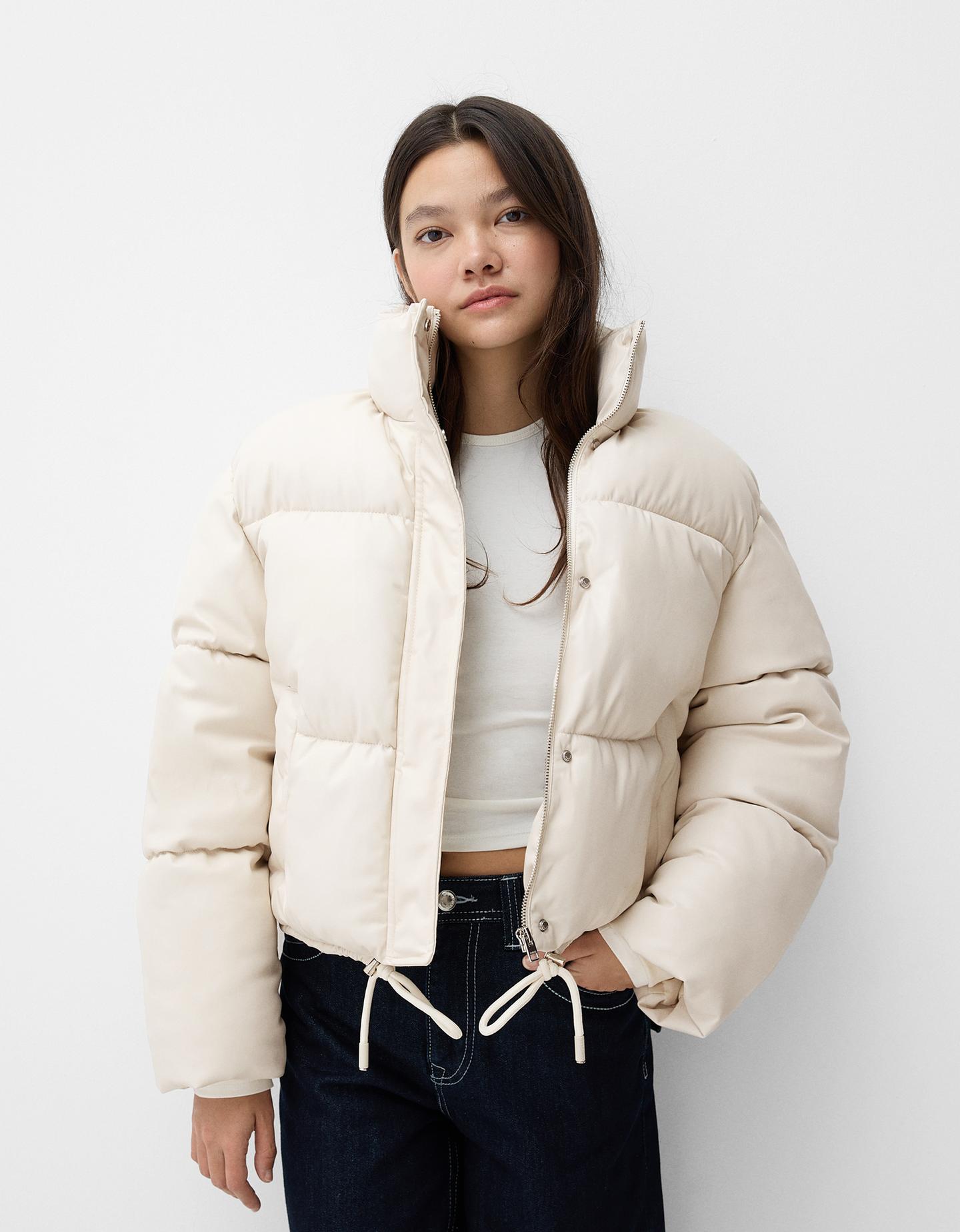 Bershka Pufferjacke Aus Kunstleder Damen Xs Rohweiß günstig online kaufen