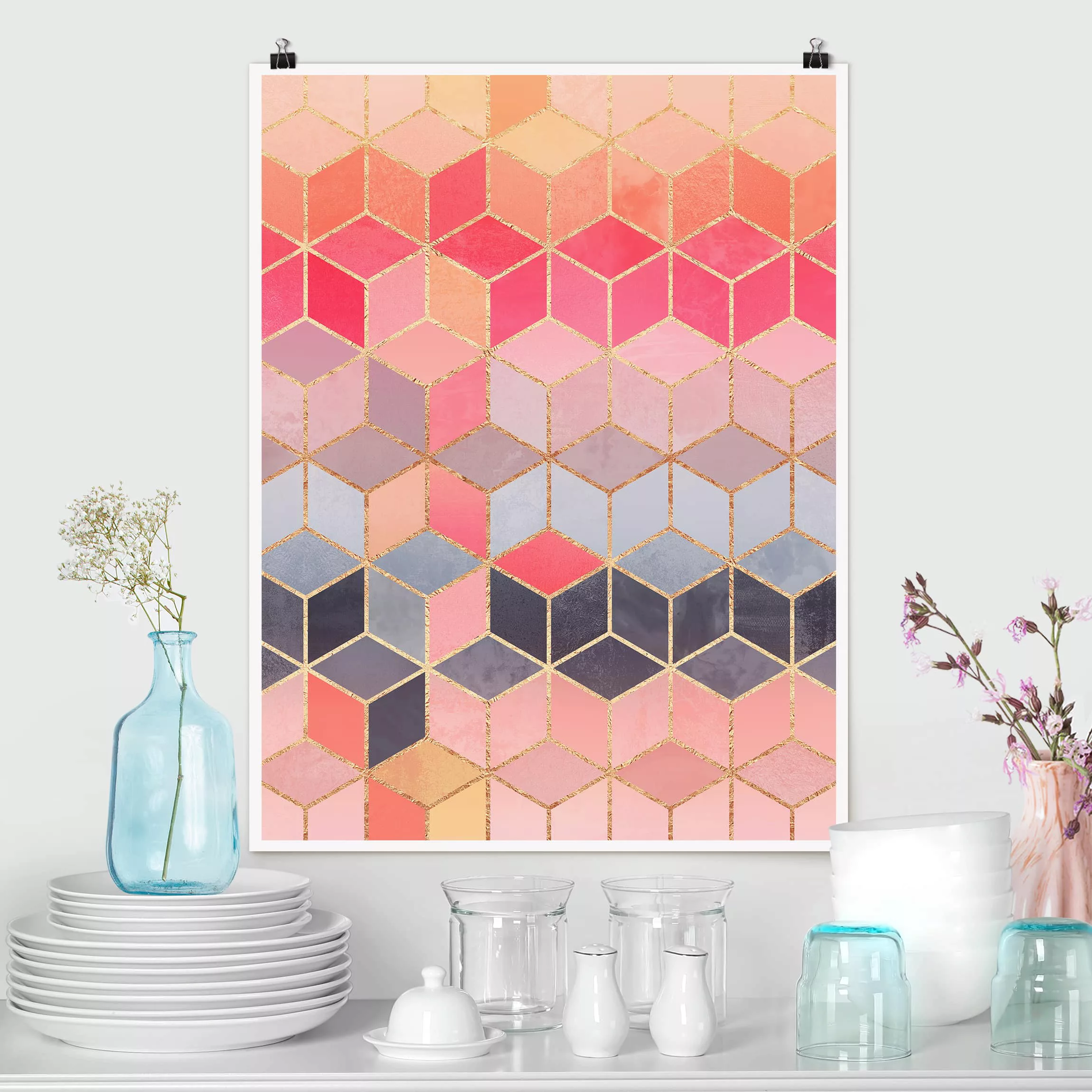 Poster Kunstdruck - Hochformat Buntes Pastell goldene Geometrie günstig online kaufen