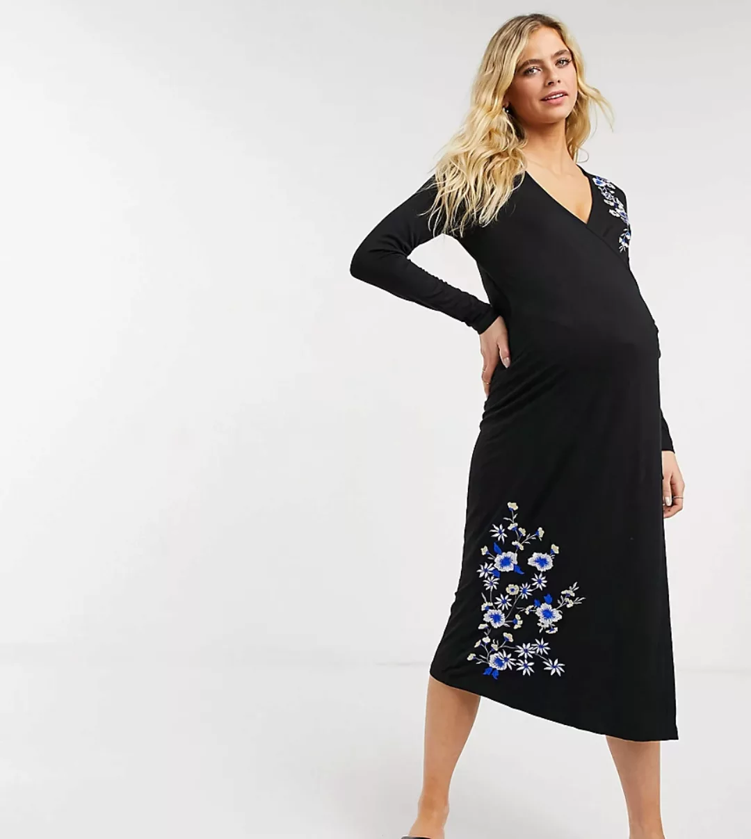 ASOS DESIGN Maternity – Langärmliges Midi-Wickelkleid in Schwarz mit blauer günstig online kaufen