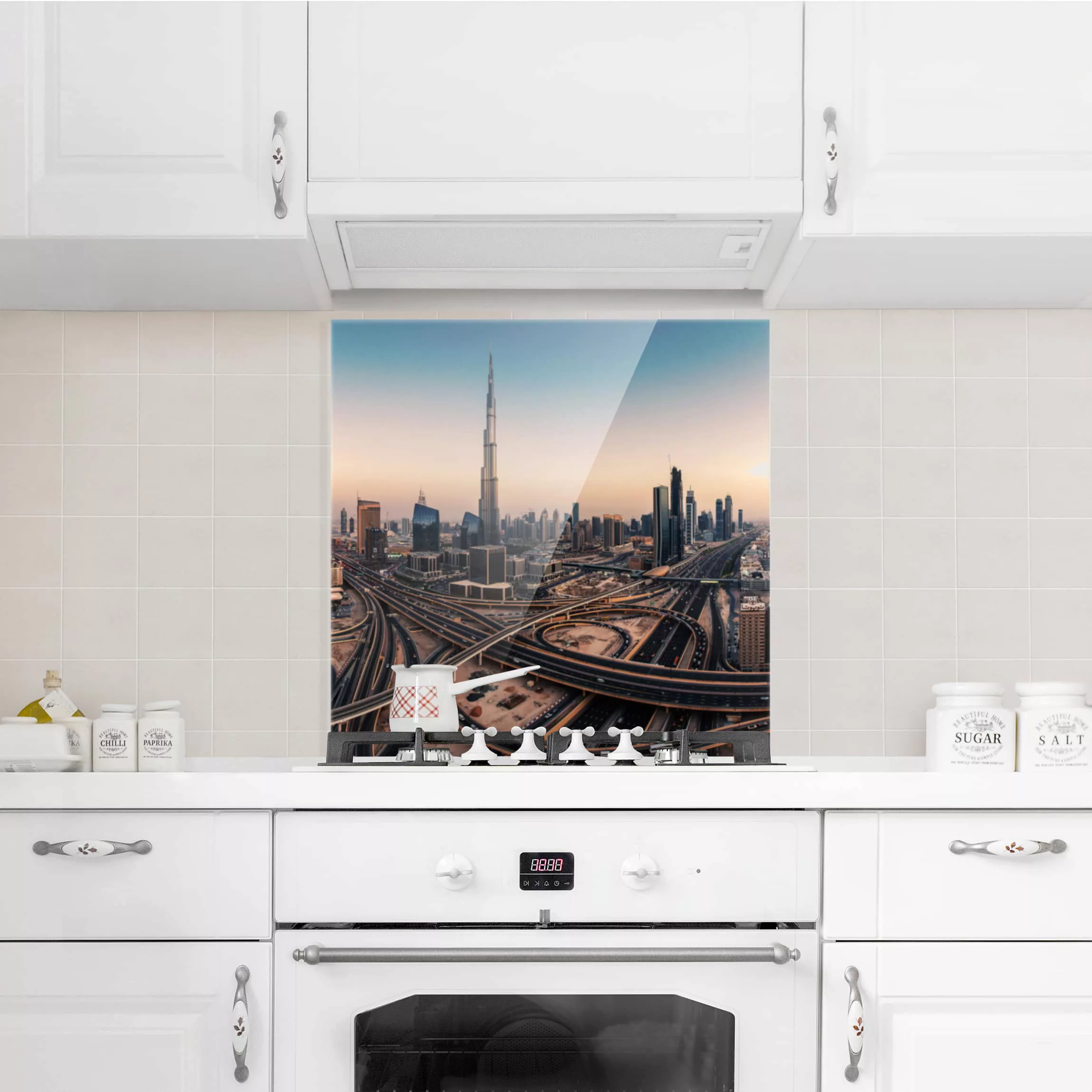 Glas Spritzschutz Architektur & Skyline - Quadrat Abendstimmung in Dubai günstig online kaufen
