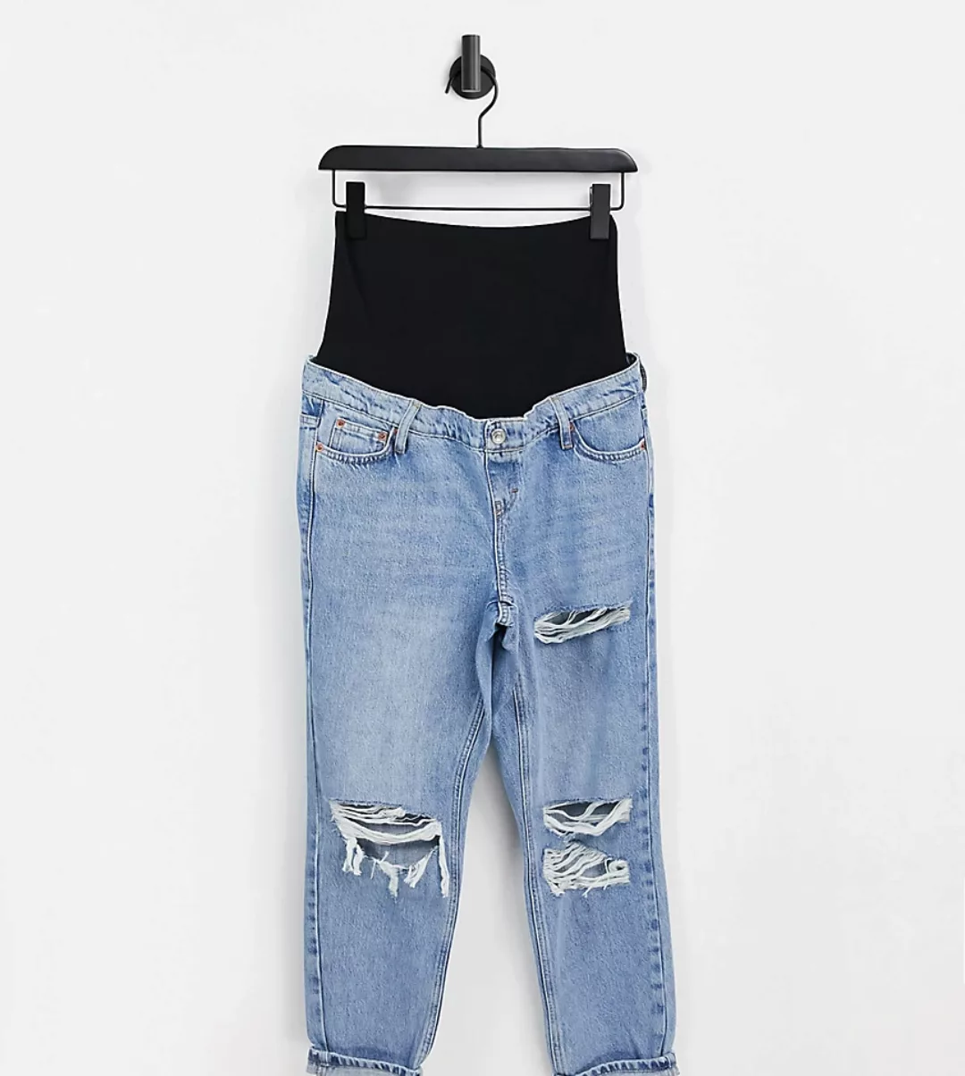 Topshop Maternity – Gebleichte Mom-Jeans mit Zierrissen-Blau günstig online kaufen