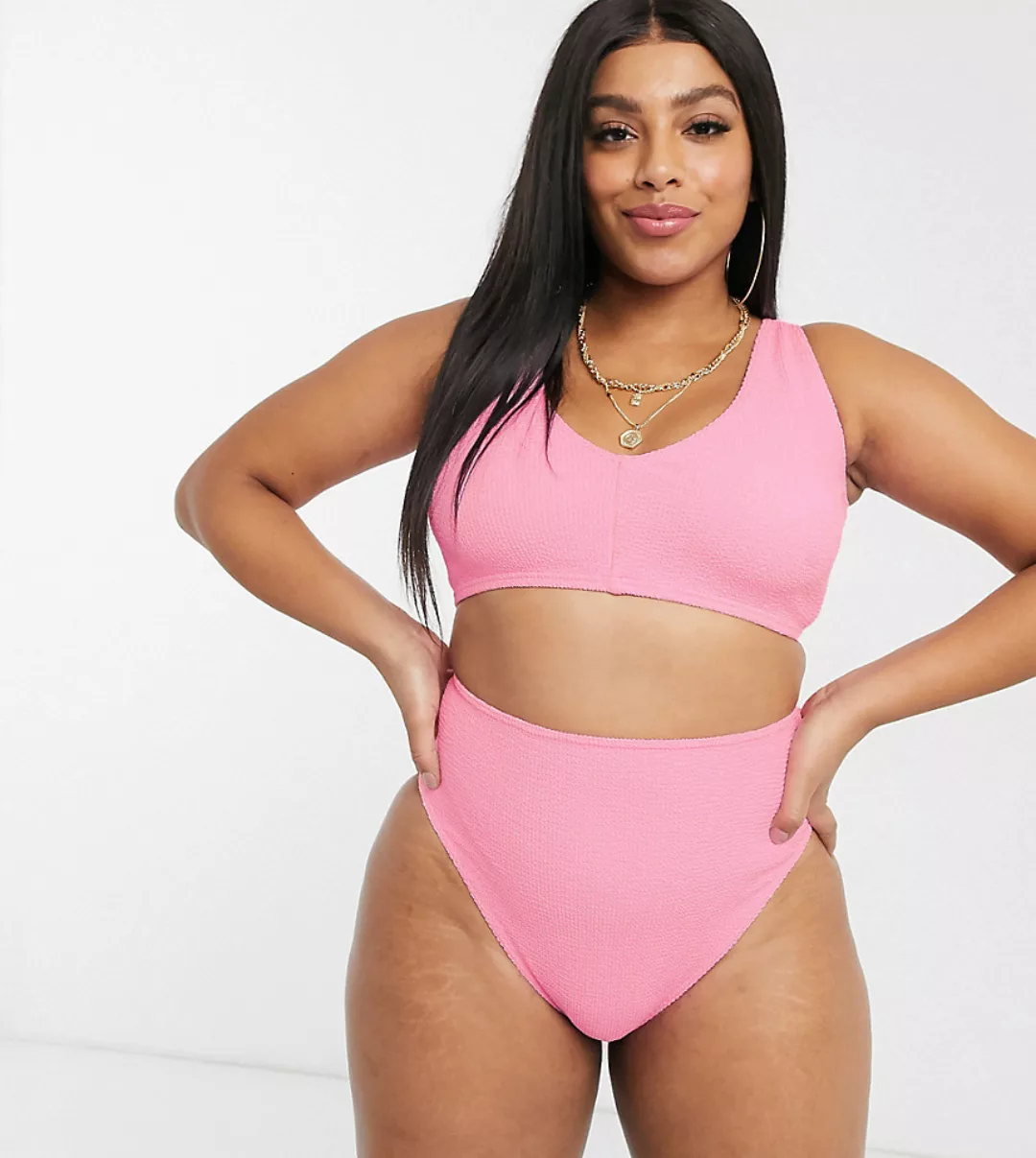 ASOS DESIGN Curve – Gekräuselte Bikinihose in Puppenrosa mit hohem Bund günstig online kaufen