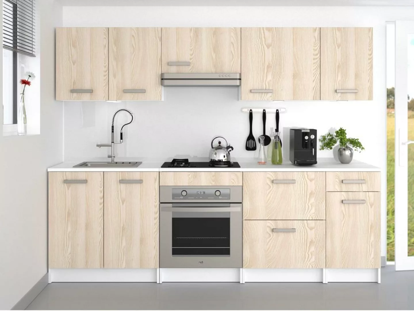 Küchenzeile - mit Arbeitsplatte 240 cm - Naturfarben hell & Weiß - TRATTORI günstig online kaufen