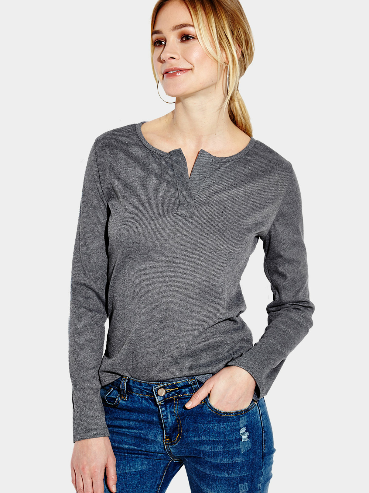 Dunkelgraue Pluse Casual Design Bluse mit langen Ärmeln günstig online kaufen