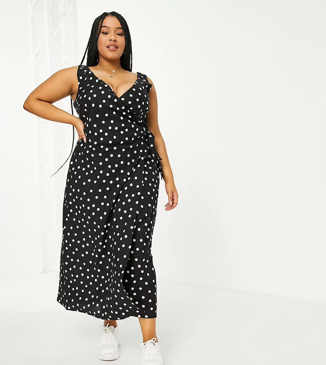 ASOS DESIGN Curve – Maxi-Wickelkleid aus Leinen mit Punktmuster in Schwarzw günstig online kaufen