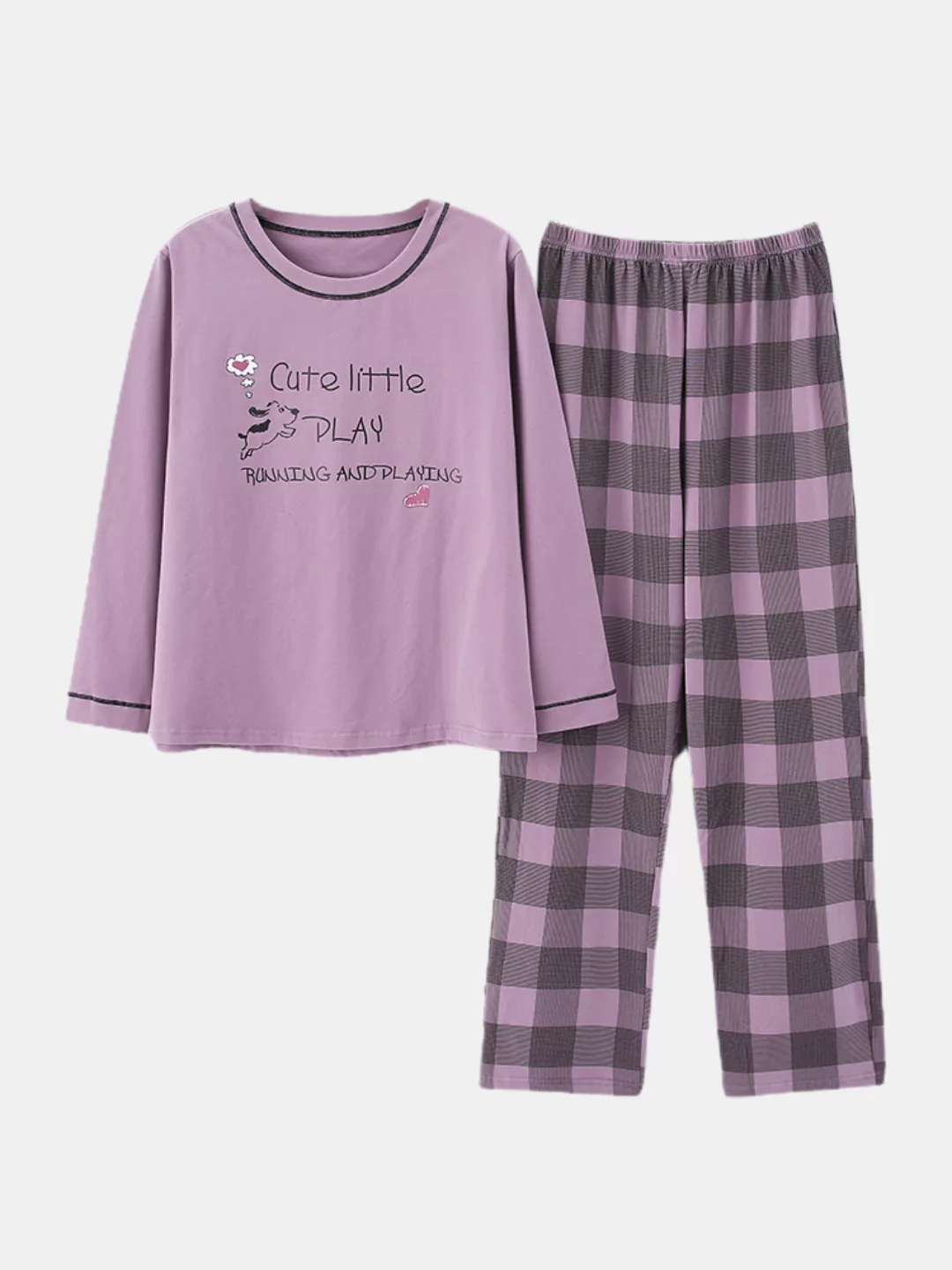 Damen Cartoon Dogs Cats Print Pyjamas Langarm-Loungewear mit O-Ausschnitt günstig online kaufen