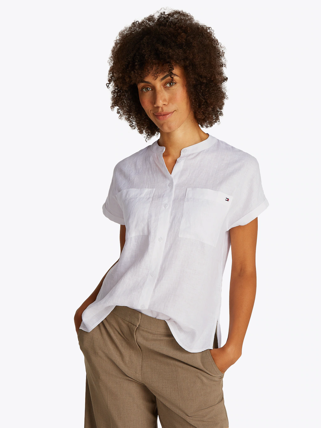 Tommy Hilfiger Kurzarmbluse "ESS LINEN COLLARLESS S/S BLOUSE", mit Logostic günstig online kaufen