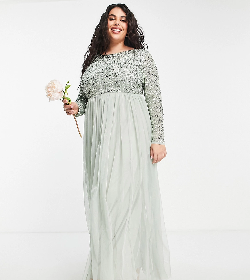 Maya Plus – Bridesmaid – Langärmliges Maxi-Tüllkleid mit filigranen, farbli günstig online kaufen